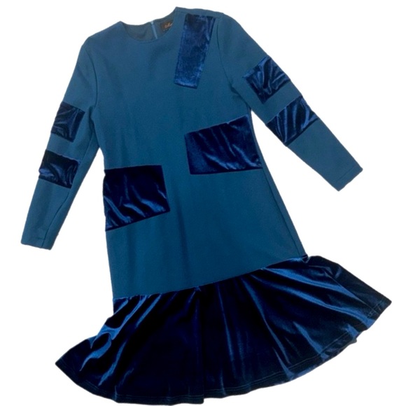 Green Stretch Dress with Blue Velvet Accents - Picture 1 of 17